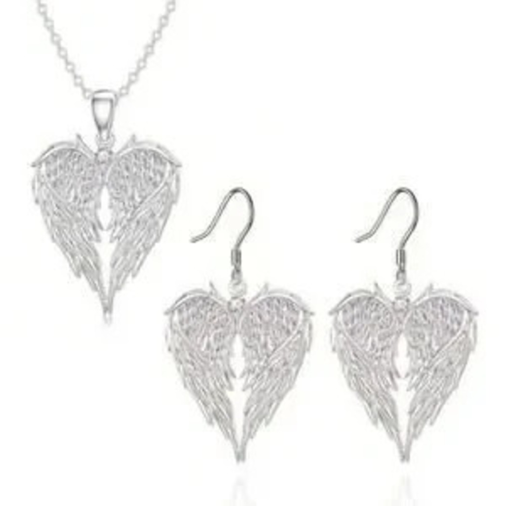 925 Silver Plated Hearts Wings Necklace Earrings Set Valentine's Birthday Gift